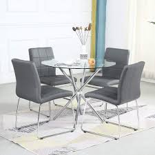 Buy top selling products like madison park signature helena round dining table and dailyware™ red wine glasses (set of 4). 5pcs Round Dining Table Set Tempered Glass Kitchen Dining Table And 4 Artificial Leather Chairs Modern Dining Table Set For Kitchen Furniture Living Room Table 4 Pack Gray Chairs Walmart Com Walmart Com