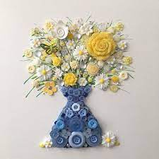 The Flower Vase Button Art Daisy Themed Gift Flower Wall Art Yellow And Blue Decor Yellow Flower Art Unique Floral Gift Button Art Yellow Flower Art Flower Art
