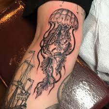 Newest Addition To My Nautical Patchwork Sleeve Jellyfish Done By Josh K At Generation8 Tattoo Laca Body Tattoos Tattoos Patchwork Sleeve Tattoo For Women
