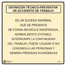 Accidente de trabajo es toda lesión orgánica o perturbación funcional, inmediata o posterior, o la muerte, producida repentinamente en ejercicio, o con motivo del trabajo, cualesquiera que sean el lugar y el tiempo en que se preste. Nueva Ventana Definicion Tecnico Preventiva De Accidente De Trabajo Pdf 54 Kbytes