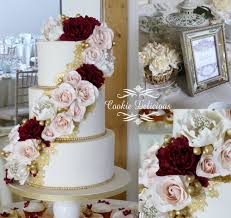 Masala Burgundy Blush Wedding Cake With Edible Gold Lace Detailing Peonies Roses Essex Base Burgundy Wedding Cake Blush Wedding Cakes Gold Wedding Cake