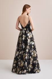 Siyah V Yaka Askili Cicekli Organze A Kesim Abiye Oleg Cassini The Dress Balo Elbiseleri Elbise