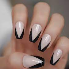 Black V Shape French Tip Medium Ballerina Press On Nails Fake False 24 Pc Set Gift For Her In 2021 Fashion Nails Fake Nails Natural Fake Nails