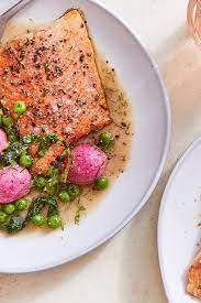 Roasted Salmon With Peas And Radishes Recipe Recipe Radish Recipes Salmon Recipes Roasted Salmon Recipes