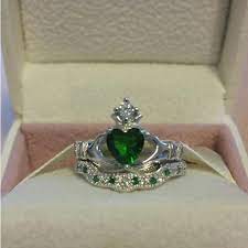 Silver Emerald Claddagh Wedding Engagement Ring Set Claddagh Ring Wedding Celtic Engagement Rings Vintage Engagement Rings