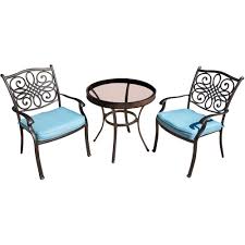 Hanover Traditions 3 Piece Aluminum Outdoor Bistro Set With Blue Cushions Homemaking Bistro Set 3 Piece Bistro Set Patio Dining