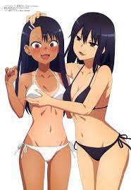 2girls :3 :d absurdres aquastar inc. bikini black bikini black  hair black vs white blush breast grab breasts brown eyes cleavage  embarrassed female female only grabbing groping hayase nagatoro