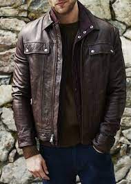 Men S Dark Brown Leather Bomber Jacket Dark Brown Crew Neck Sweater Navy Jeans Leather Jacket Outfit Men Leather Jacket Brown Leather Bomber Jacket