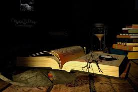 Libro antiguo, reloj y máscara