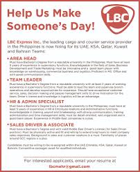 Job Openings By Lbc Express For Its Middle East Teams Qatar Ofw