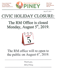 In 2020, the august civic holiday or august long weekend is monday, august 3. Civic Holiday Office Closure Rural Municipality Of Piney