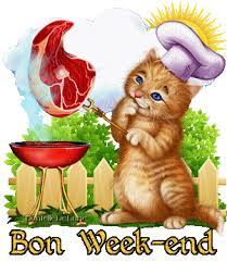 Gif animé Bon Week-end avec chat cuisinant une cote de bœuf au barbecue -  les gifs animés de dentelledelune