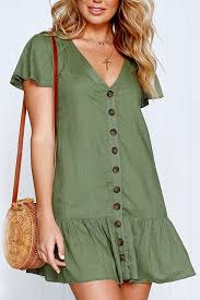 Army Green V Neck Button Ruffles Casual Shift Dress 046565 Casual Dresses Women Casual Dresses Cheap Casual Dresses Cute Casual Dresses C Raptikh In 2019