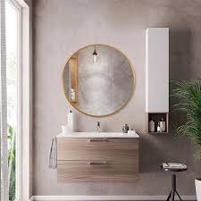 Crown your bathroom vanity with a mirror that reflects your personal style. Neu Type Medium Round Gold Shelves Drawers Modern Mirror 24 In H X 24 In W Jj00514zzen 1 The Home Depot