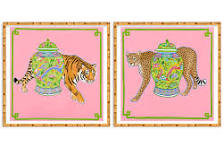 Two Art Prints Chinoiserie Cheetah And Tiger with Dragon Ginger Jar