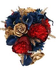This listing is for a 17 pc package which includes the following items: Sweet Home Deco Silk Peony Rose Calla Lily Mixed Wedding Bridal Bouquet Bridesmaid Bouquet Boutonniere In Burgundy Gold Navy Fall Wedding Silk Flower Arrangements