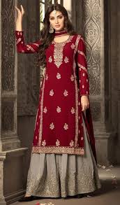 Palazzosuitssilk Palazzodressesonline An Excellent Red Color Georgette Embroidered Palazzo Suit Will M Heavy Dresses Designer Dresses Indian Dress Materials