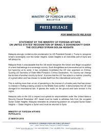 History of the foreign service. Wisma Putra Na Twitteru Press Release Statement By The Ministry Of Foreign Affairs On United States Recognition Of Israel S Sovereignty Over The Occupied Syrian Golan Heights Https T Co Qnjyxjybzc