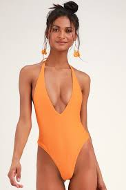 justice plunge bright orange rib knit one piece swimsuit