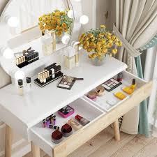 Diy makeup vanity mirror with lights. Tribesigns Vanity Set With Round Lighted Mirror White Wood Makeup Vanity Dressing Table Dresser Desk With 2 Drawers And Cushioned Stool For Bedroom Furniture Kolenik Bedroom Furniture