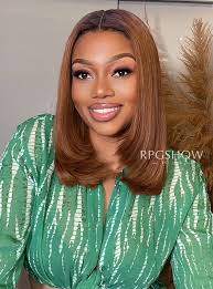 Shoulder Length Straight Layers Lob Ginger Brown with Dark Roots Lace Front  Wigs