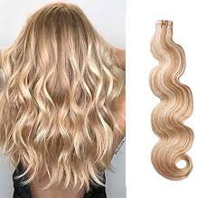 Chocolate brown hair with beige blonde natural highlights. Amazon Com Body Wave Tape In Hair Extensions 20inches Highlights 27 Strawberry Blonde With 613 Blonde Mixed Color 50g 20pcs Remy Seamless Skin Wefts Human Hair Glue In Extensions 27 613 Beauty