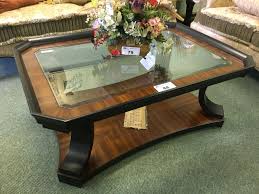 Dark brown wood coffee table set with glass top. Schnadig Tiger Oak Dark Wood Glass Top Coffee Table Able Auctions