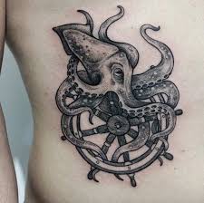 Little ships wheel as a first tattoo, thanks mate ~ kxbtattoo@gmail.com #tattoo#tattooart#ship#shipswheel##blackworkerssubmission#bw#onlyblackart#iblackwork#. Black Ink Dotwork Octopus With Ship Wheel Tattoo Design For Side Rib By Sasha Masiuk