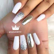 Silver and white nail design. The Most Stylish Ideas For White Coffin Nails Design
