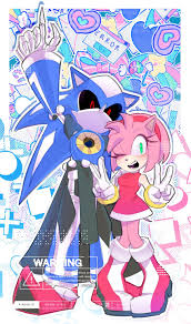 amy rose, metal sonic, neo metal sonic, sonic (series), sonic heroes,  derivative work, highres, 1boy, 1girl, black sclera, colored sclera, double  v, english text, furry, furry female, gloves, green eyes, no mouth,  non-humanoid robot, one eye closed, pikative02,