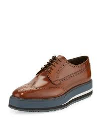 Prada Men S Spazzolato Creeper Brogue Platform Shoe Light Brown In 2021 Dress Shoes Men Mens Wingtip Shoes Mens Brown Dress Shoes