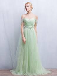 Light Green Off The Shoulder Tulle Pleated Appliqued Prom Dress Ayanagown