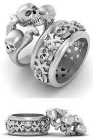 Skull Crossbones Wedding Rings Matching Skull Couple Ring Set Silver Skull Engagement Ring Wedding Ring Bands Set Skull Wedding