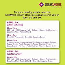 Its name is the result of the bank's desire to combine the traditional discretion, warmth and hospitality of the east with the efficiency and progressive thinking of the west. Eastwest Bank On Twitter For Your Banking Needs Selected Eastwest Branch Stores Are Open To Serve You On April 19 And 20 Http T Co Laqyans4ip