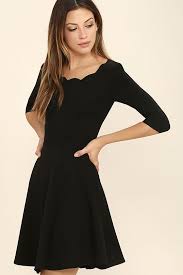 Tip The Scallops Black Scalloped Skater Dress Black Dress Dresses Black Long Sleeve Dress