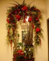 Red And Gold Tinsel Wreath Red And Gold Christmas Garland Over Wall Mirror Christmas Christmas Mirror Christmas Garland Gold Christmas