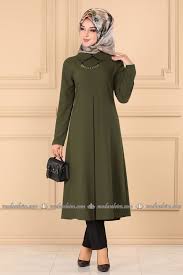 Modaselvim Tunik Pile Detayli Tesettur Tunik 8014mda386 Haki Moda Tunik Uzun Kot Etek