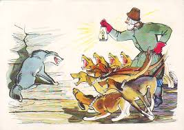 волк ночью думая залезть в овчарню попал на псарню Volk Na Psarne Krylov I A Volk Nochyu Dumaya Zalezt V Ovcharnyu Popal Na Psarnyu Podnyalsya Vdrug Ves Psarnyj Dvor Pochuya Serogo Skazki Serye Volki Hudozhniki