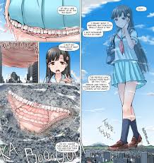 terada ochiko, character request, highres, tagme, translated, 1girl, black  hair, breasts, censored, city, destruction, english text, frilled panties,  frills, giant, giantess, huge giantess, long hair, nipples, nude, panties,  pleated skirt, school uniform,