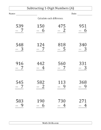 Recommended for first grade and second grade. Large Print 3 Digit Minus 1 Digit Subtraction A