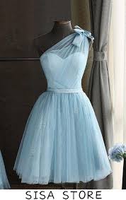 Cute Baby Blue Tulle One Shoulder Short Prom Dress Bowknot Knee Length Party Dresses In 2020 Light Blue Homecoming Dresses Short Prom Dress Blue Homecoming Dresses