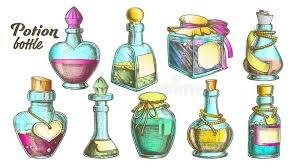 A glass bottle is an item that can hold water, potions, dragon's breath, or honey. Potion Bottles Color Collection Set Vector Stock Vector Illustration Of Element Jars 158907465