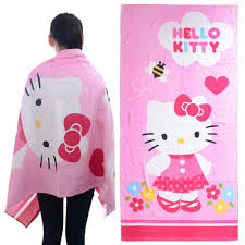 A light pink with teal accents, this terry cloth towel features hello kitty and some favorite beachy icons: Large Hello Kitty Bath Towels Pink Skirt Dress Cartoon Beach Adults Children Towels Cotton Anime Travel Blanket 58 30 Ln Towel Hood Towel Glovestowel Terry Aliexpress