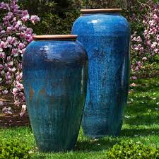 Hyphen tall glazed ceramic planters blue kinsey garden decor. Tall Glazed Terra Cotta Jar Planter With Rolled Edge Rustic Blue Scenario Home