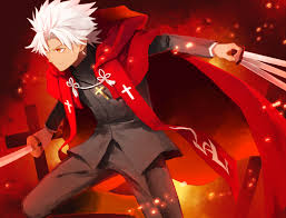 Pale skin, white hair, and a creepy look. All Male Amakusa Shirou Dark Skin Fate Apocrypha Fate Series Male Orange Eyes Short Hair Somemiya Suzume Sword Weapon White Hair Konachan Com Konachan Com Anime Wallpapers