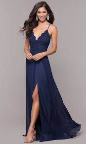 Long Blue Prom Dress With Lace V Neck Bodice Promgirl Navy Prom Dresses Navy Lace Dress V Neck Prom Dresses