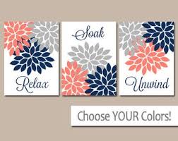Coral Navy Blue Gray Flowers Bathroom Wall Art Canvas Or Etsy Flowers Bedroom Decor Coral Bathroom Decor Bathroom Wall Art