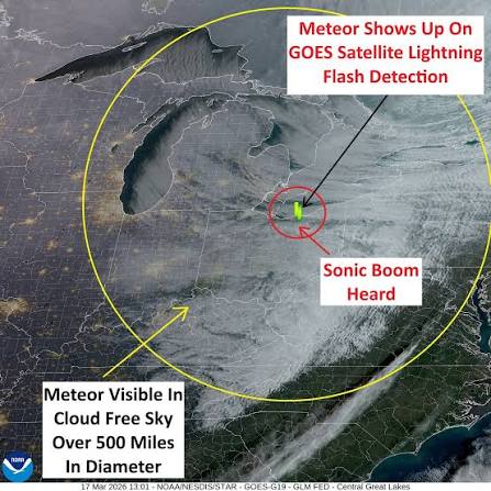 NOAA GOES-19 GLM satellite image of the meteor path over Ohio