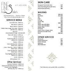 Service Menu Fine Lines Hair Salon Hair Salon Prices Salon Price List Hair Salon