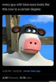 Every Guy With Blue Eyes Looks Like This Cow To A Certain Degree 4129 Pm 10 12 19 Twitter Web App Ifunny Cow Meme Eyes Meme Funny Animal Memes